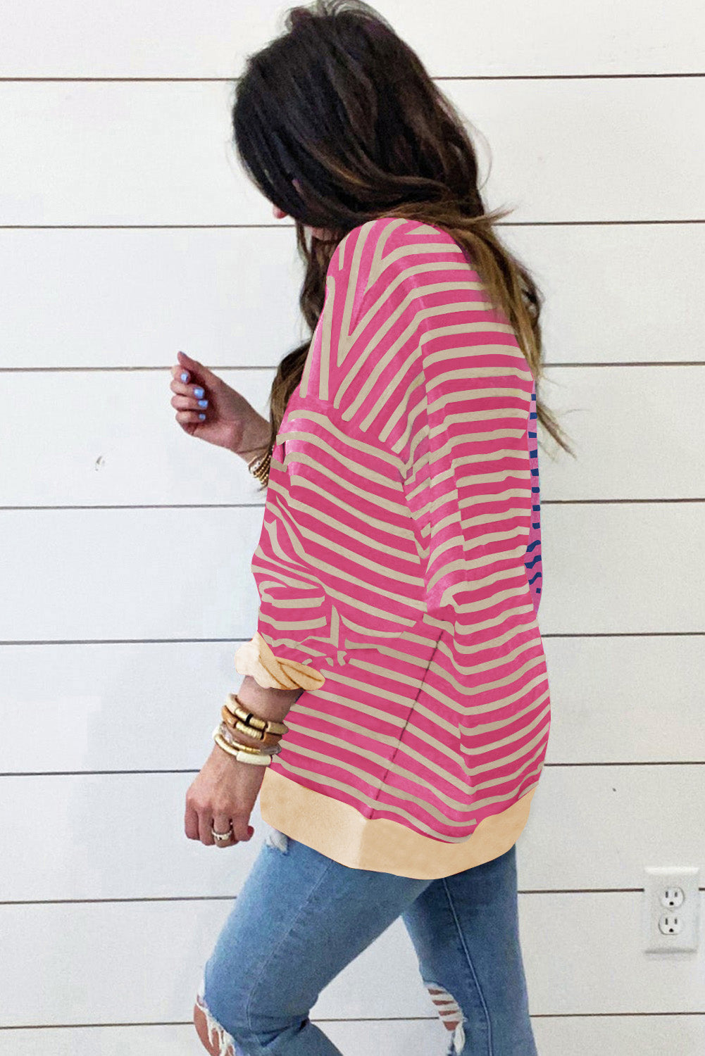 Brown Stripe Casual Stripe Colorblock Drop Shoulder Oversize Sweatshirt